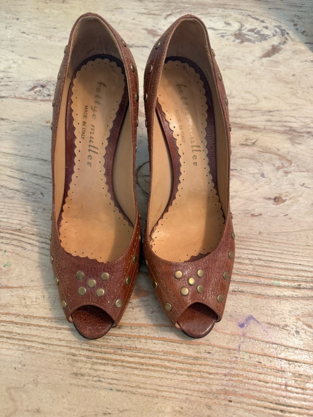 Vintage Bettye Muller Brown Studded Peep-Toe Leather Heels